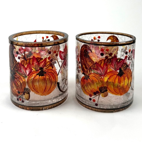 Pair Yankee Candle votive glass candle holders, cornucopia baskets, crackled - Picture 1 of 4